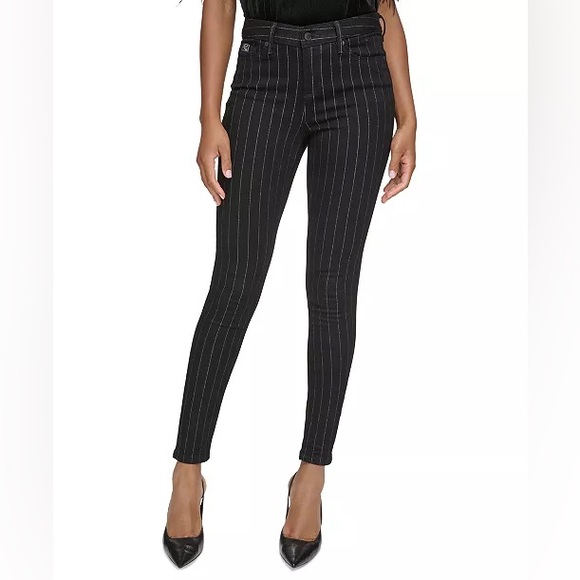 KARL LAGERFELD PARIS Women's Mid Rise Slim Leg Metallic-Stripe Jeans Sz 10 - Picture 1 of 11